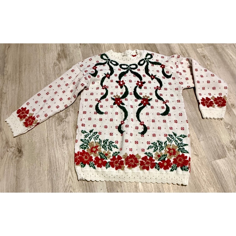 Vintage Dana Scott Christmas Sweater Medium White Red Poinsettia Lurex USA Made